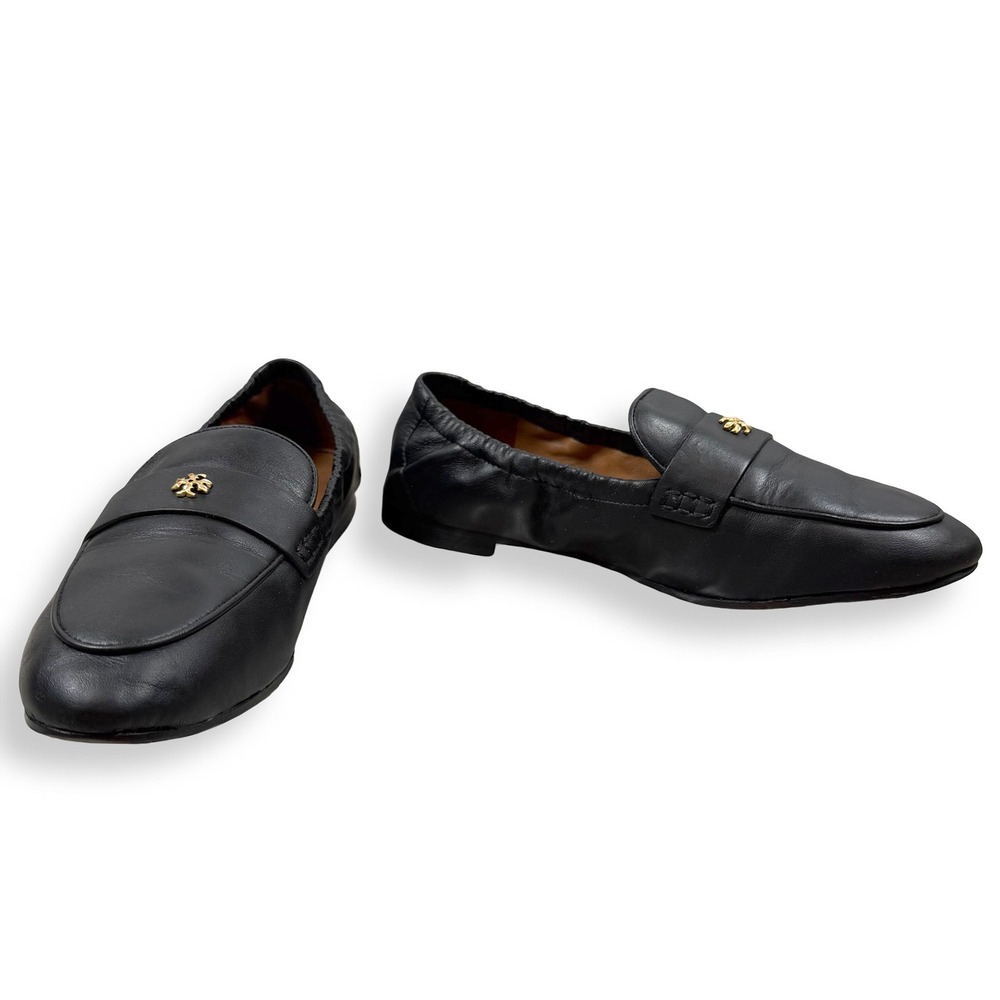 Tory Burch Jessa Black Leather Loafers Gold Double T Womens 7.5 Preppy Workwear